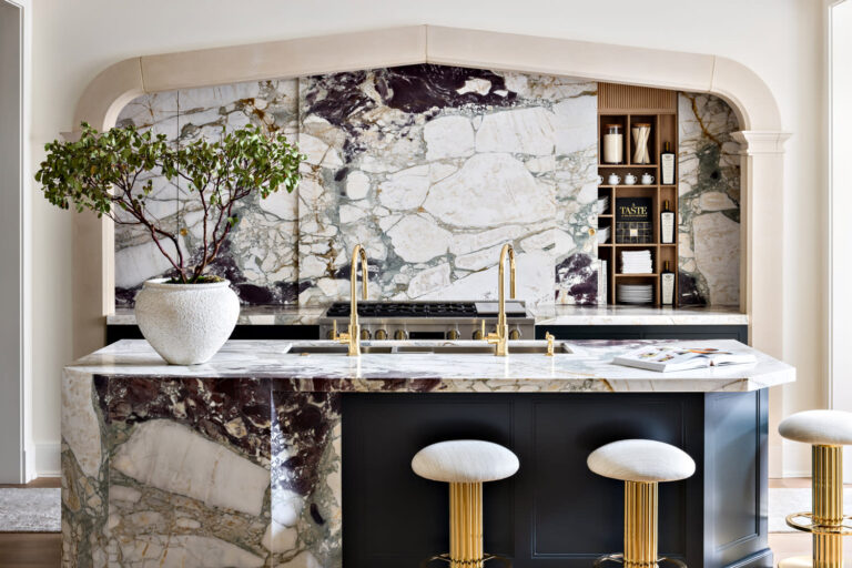 Elegant modern kitchen in Texas featuring sleek quartzite countertops in various colors.