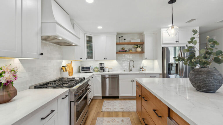 Quartz countertops for busy families, offering durability and low-maintenance benefits.