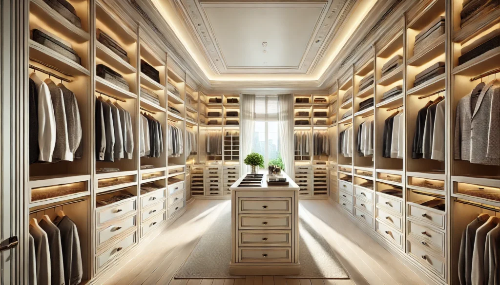 Custom wooden cabinets and walk-in closet with organized storage in a Frisco Texas home