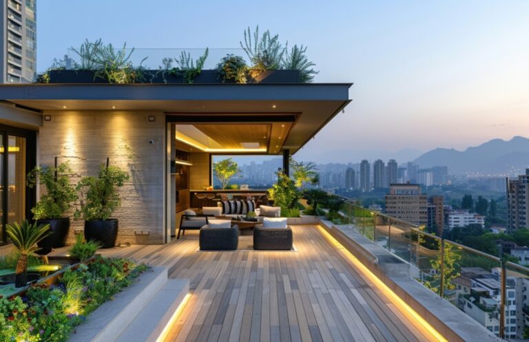 Modern open terrace design in a Frisco home featuring stylish high-end porcelain tiles for a luxurious look.