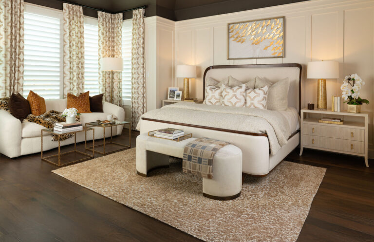 Modern Frisco bedroom with custom countertop vanity and built-in storage designed by an interior designer