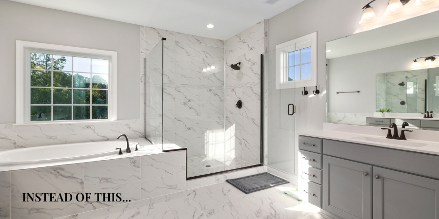 Luxury marble bathroom with white and gray marble tiles in Frisco, Texas