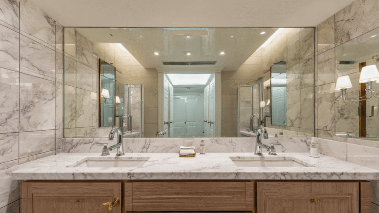 Elegant marble bathroom vanity with double sinks, wooden cabinets, and sophisticated mirrors reflecting the modern bathroom design.