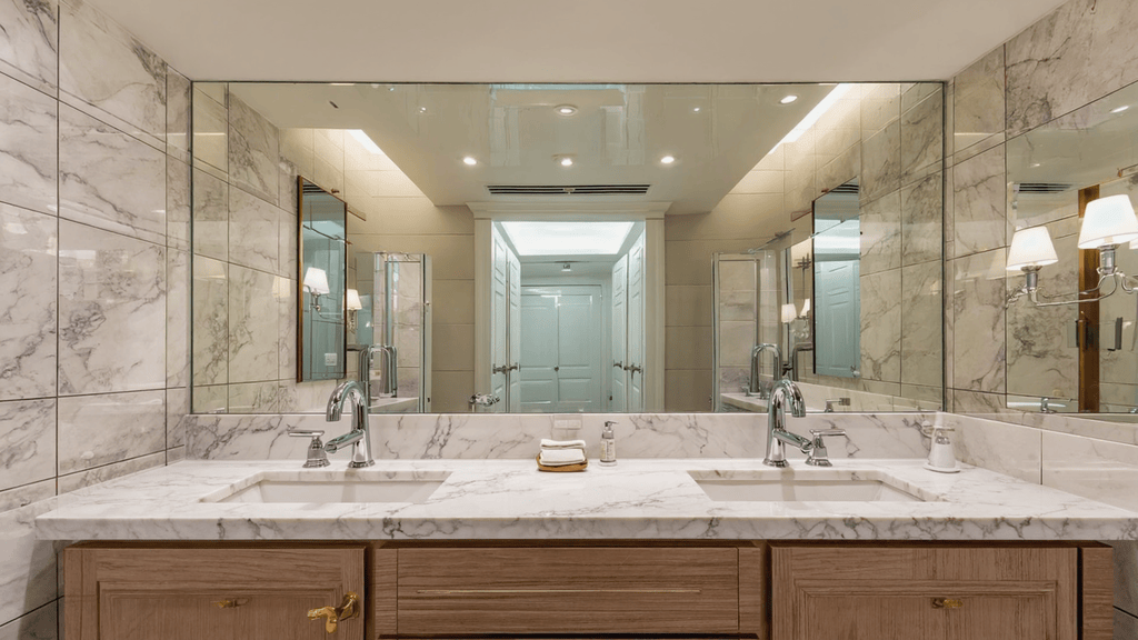 Elegant marble bathroom vanity with double sinks, wooden cabinets, and sophisticated mirrors reflecting the modern bathroom design.