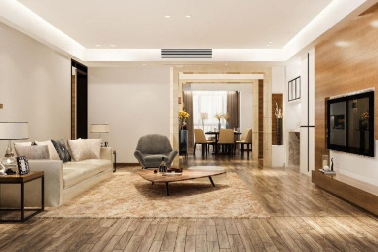 Modern living room with Wooden Flooring in Frisco TX and natural light