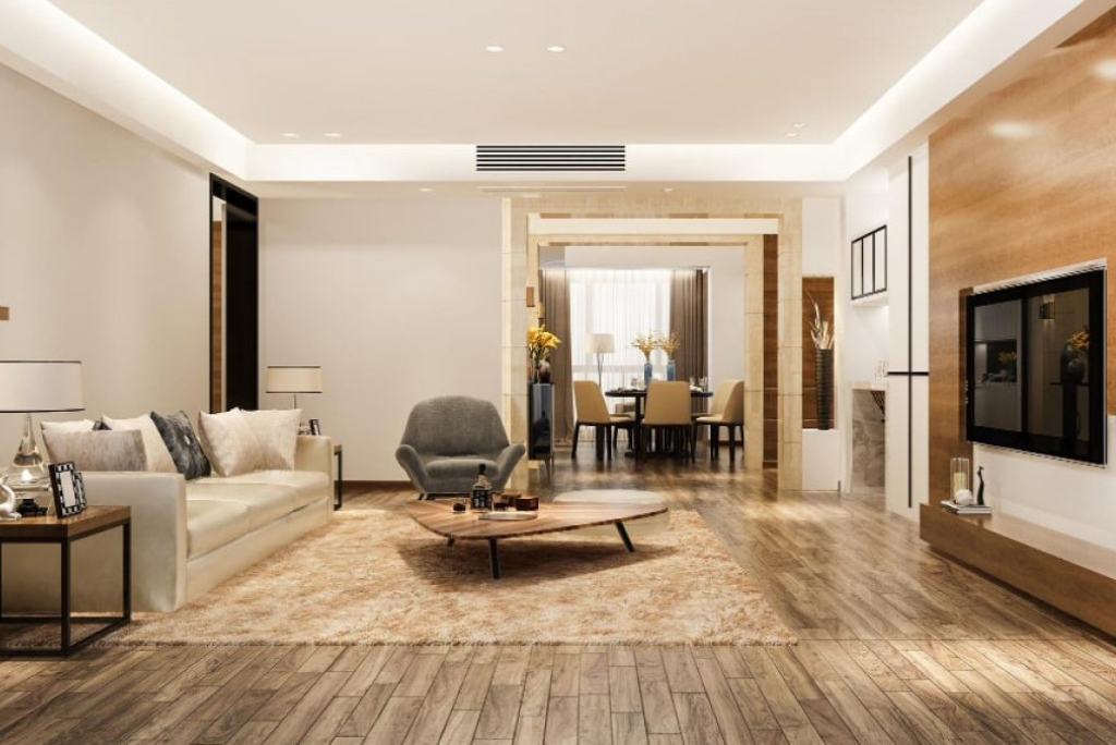 Modern living room with Wooden Flooring in Frisco TX and natural light