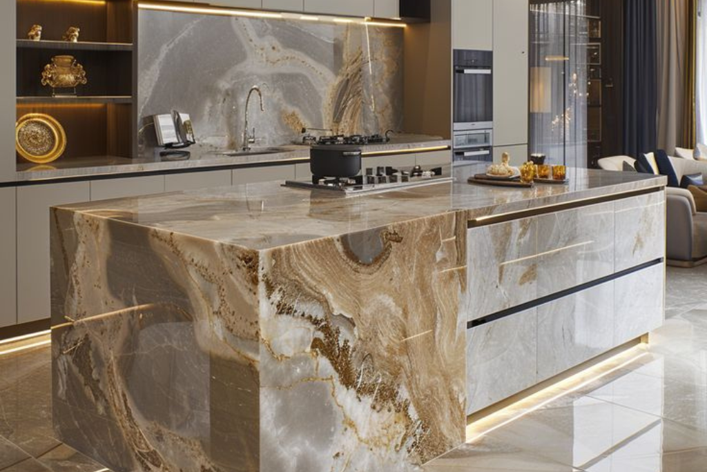 Granite countertops in Frisco TX kitchen showing heat resistant natural stone surface with modern cabinetry and durable sealed finish by The Luxury Surfaces